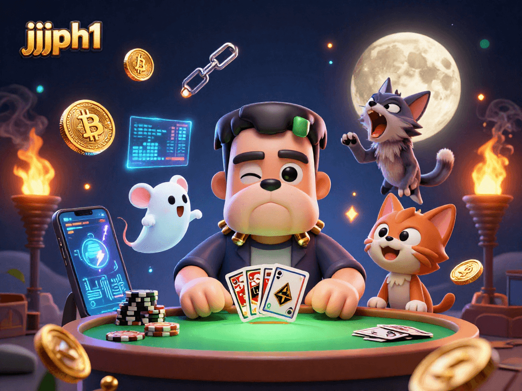 Magandang ilustrasyon ng jjjph1 sa mga karakter na naglalaro ng mga baraha sa isang nakakatakot na casino.