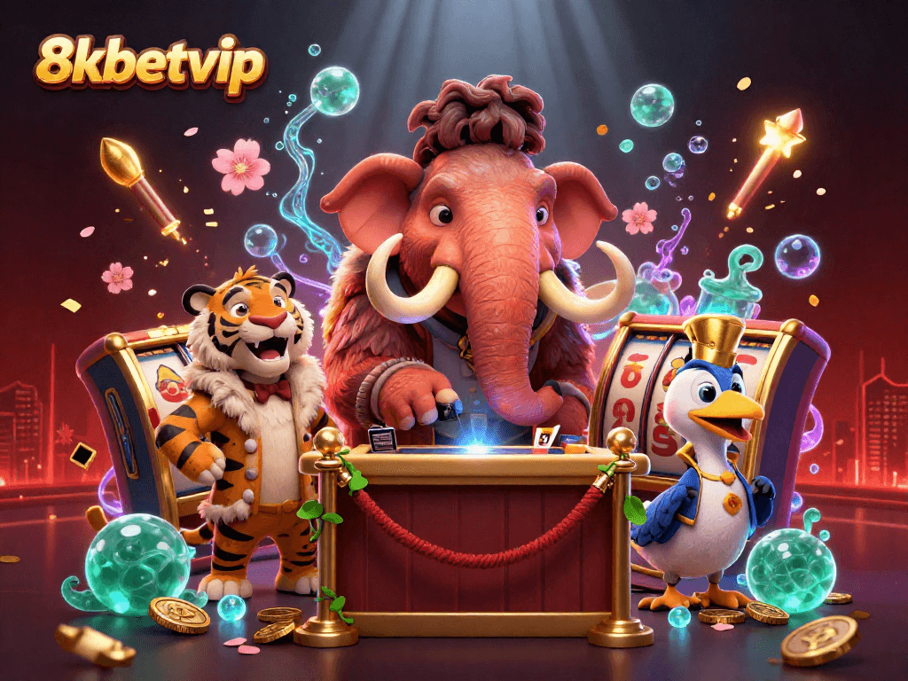 Spin the slots with excitement at 8kbetvip featuring cartoon bouncer and VIP guests in a vibrant casino