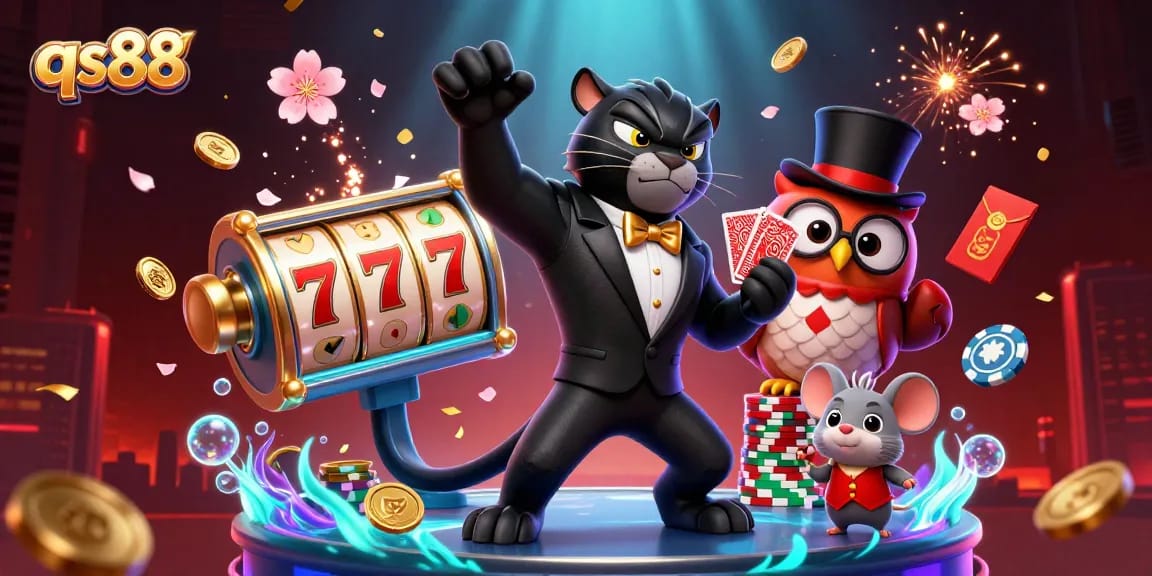 Experience thrilling card games at qs88 with a stylish panther, owl, and lucky mouse!