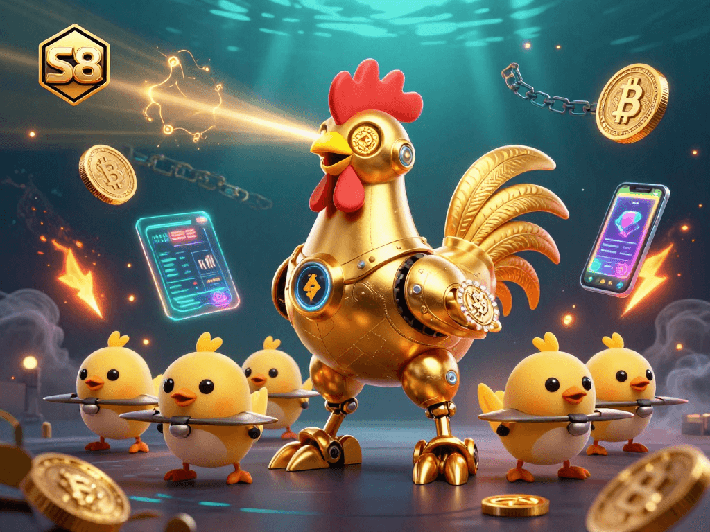 Play exciting s8 games featuring a golden rooster robot and crypto elements in a vibrant casino scene.