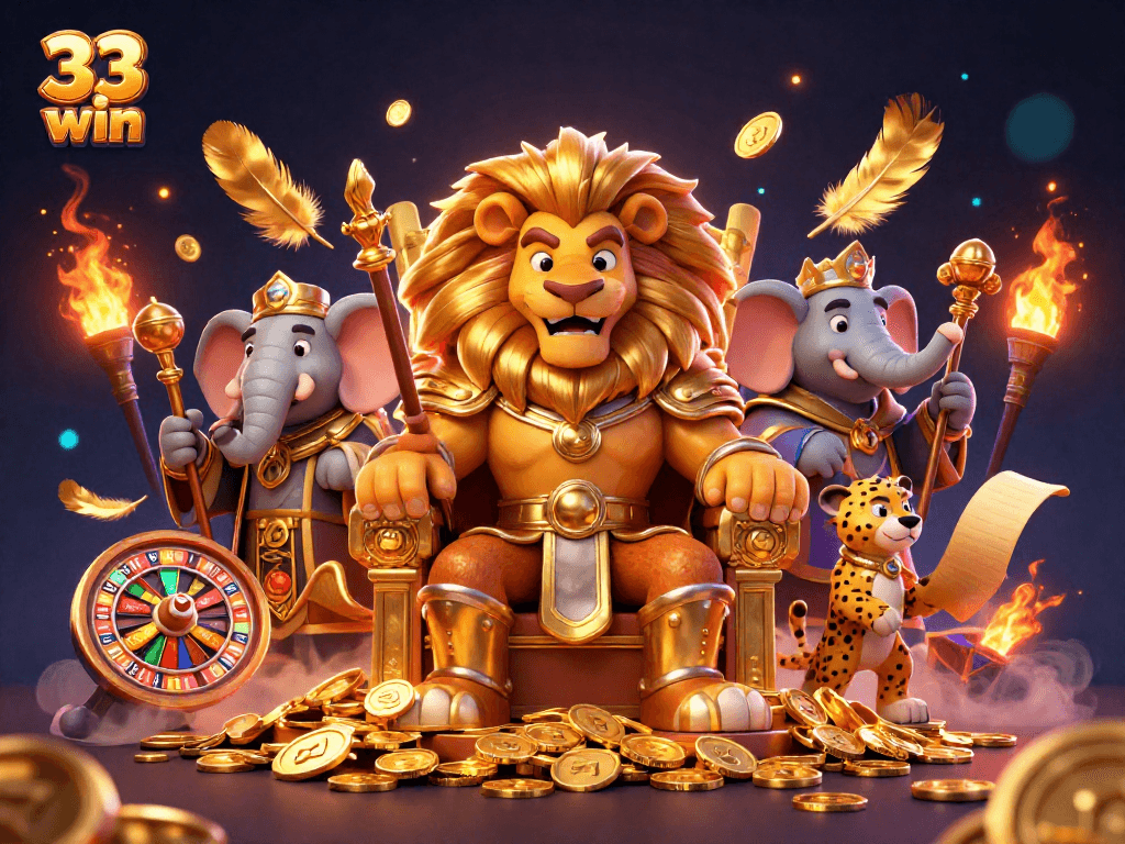 Experience 33 win's vibrant casino world with a lion king and magical slot elements.
