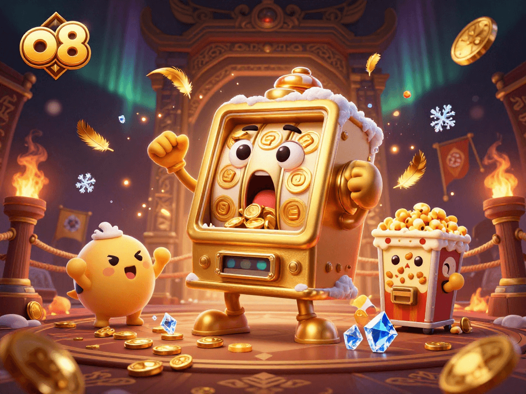 Experience the excitement with o8's dynamic golden slot machine winning a jackpot amidst a vibrant casino atmosphere.