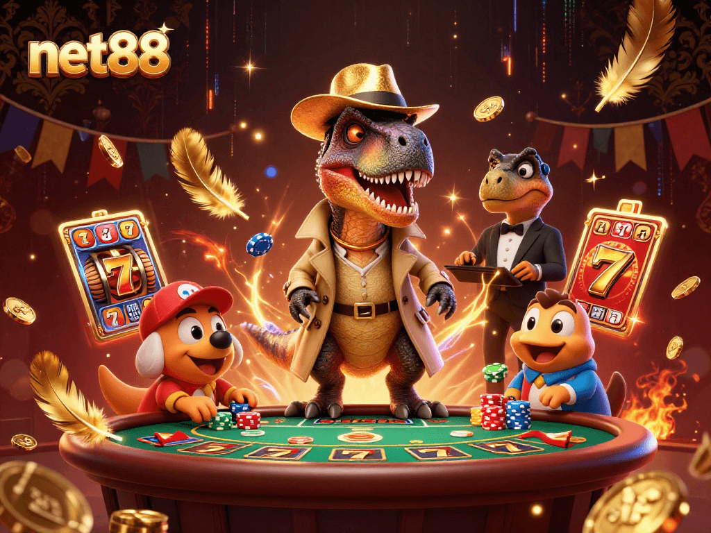 Engaging net88 scene with a velociraptor counting cards at blackjack, surrounded by action and vibrant casino elements.