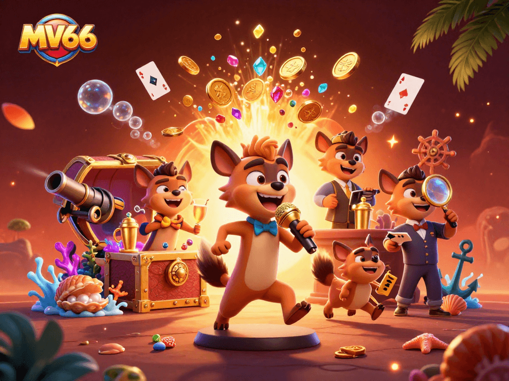 MV66 gamers enjoy a vibrant comedy casino scene with hyenas, showcasing thrilling betting excitement.