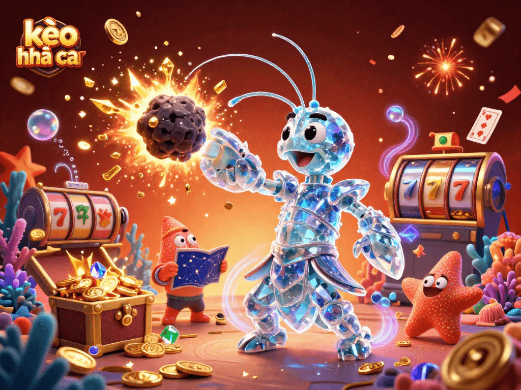 Experience the thrill of kèo nhà cái with this vibrant casino scene exploding with coins and gems.