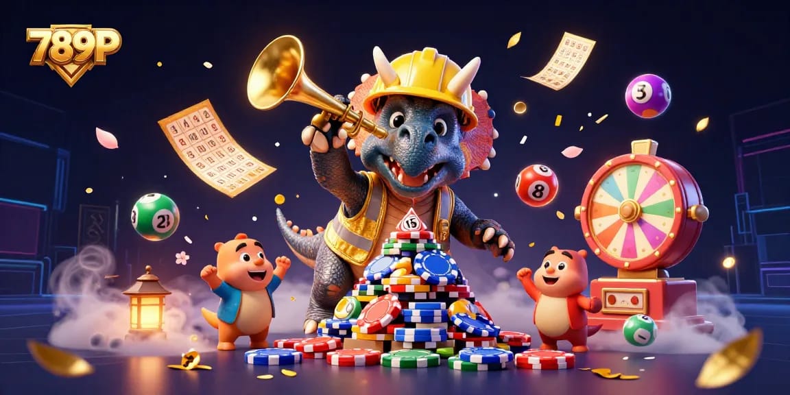 Engage with the thrill of 789P as a triceratops builds poker chip pyramids in a vibrant casino scene.