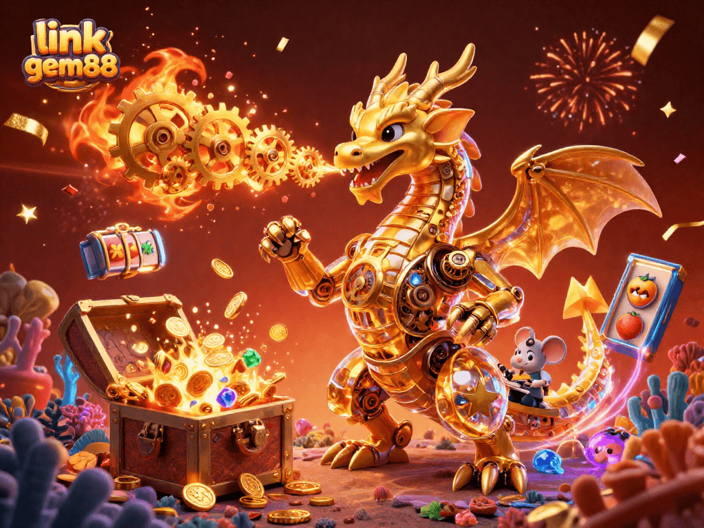 Win big with link gem88 alongside a golden dragon in a rich casino-themed scene bursting with excitement.