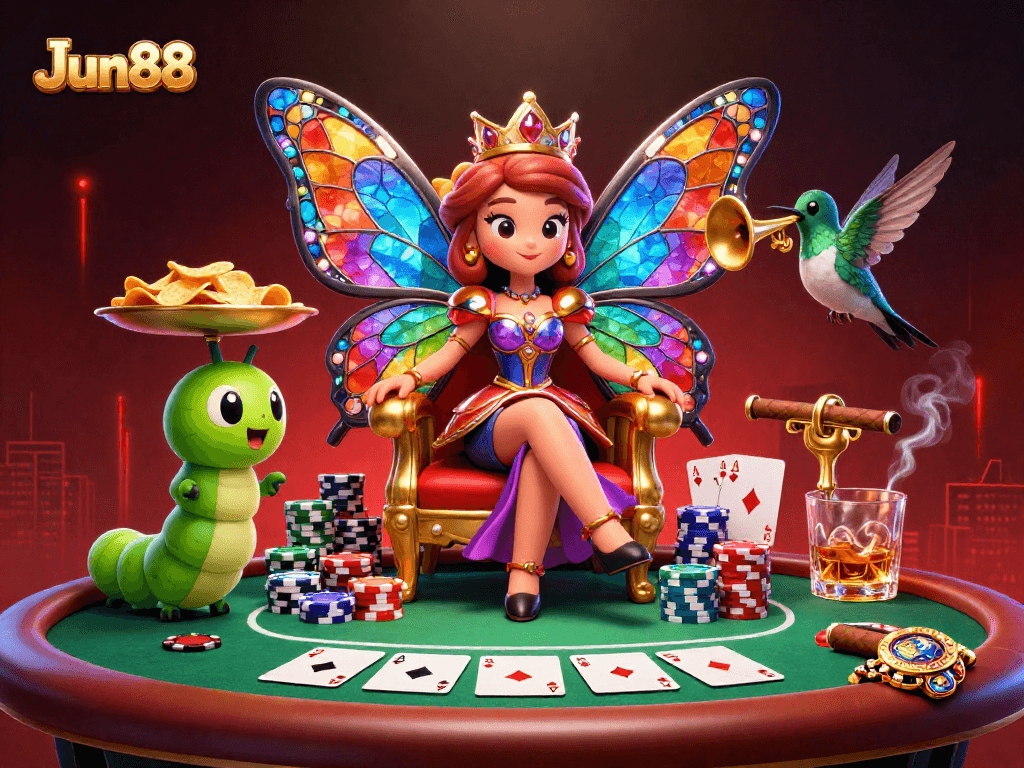 Engage with the vibrant Jun88 gaming world featuring a festive casino scene with chips and cards.