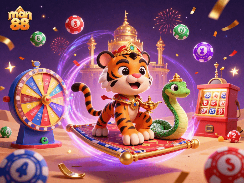 Experience excitement with man 88 as vibrant lottery elements burst dynamically in this 3D casino illustration.