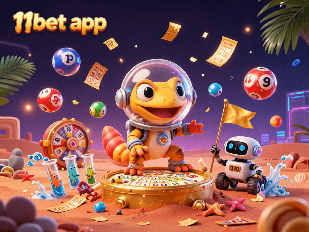 Winning with the 11bet app: A Martian gecko explores a golden casino amidst vibrant gaming elements.