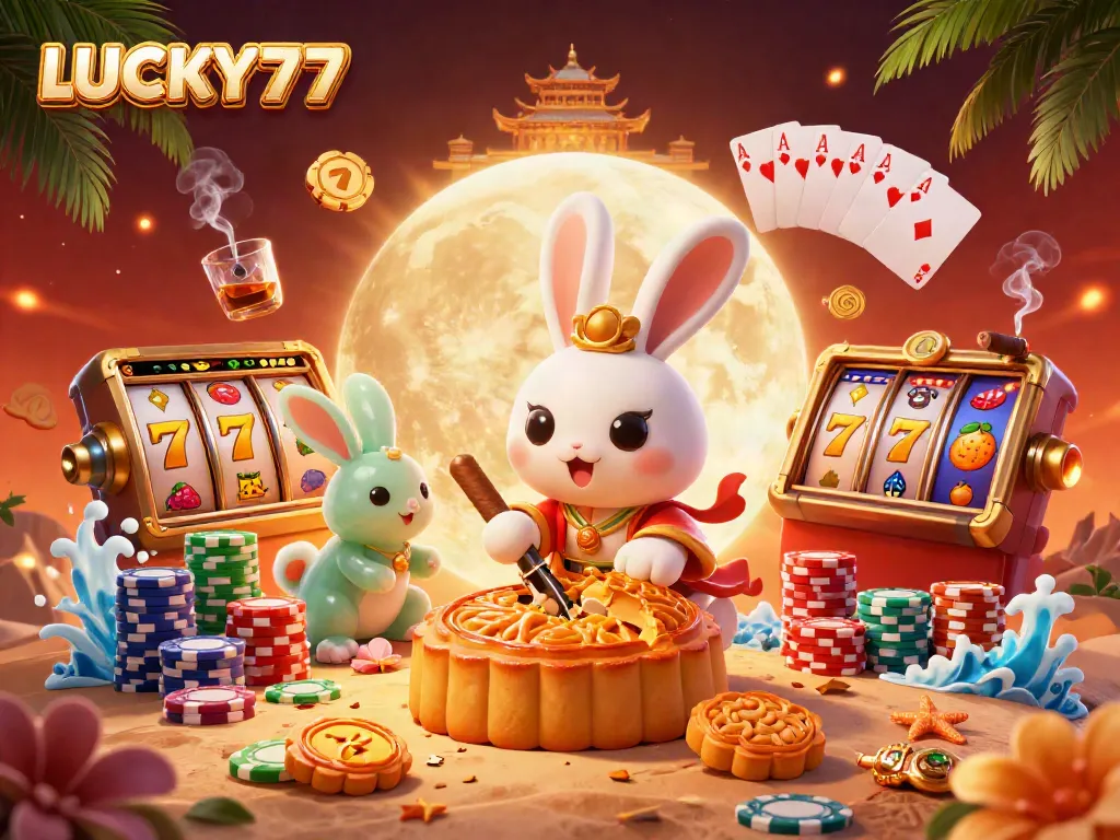Experience the thrill of LUCKY77 with a vibrant 3D casino scene featuring lucky symbols and moon rabbits.