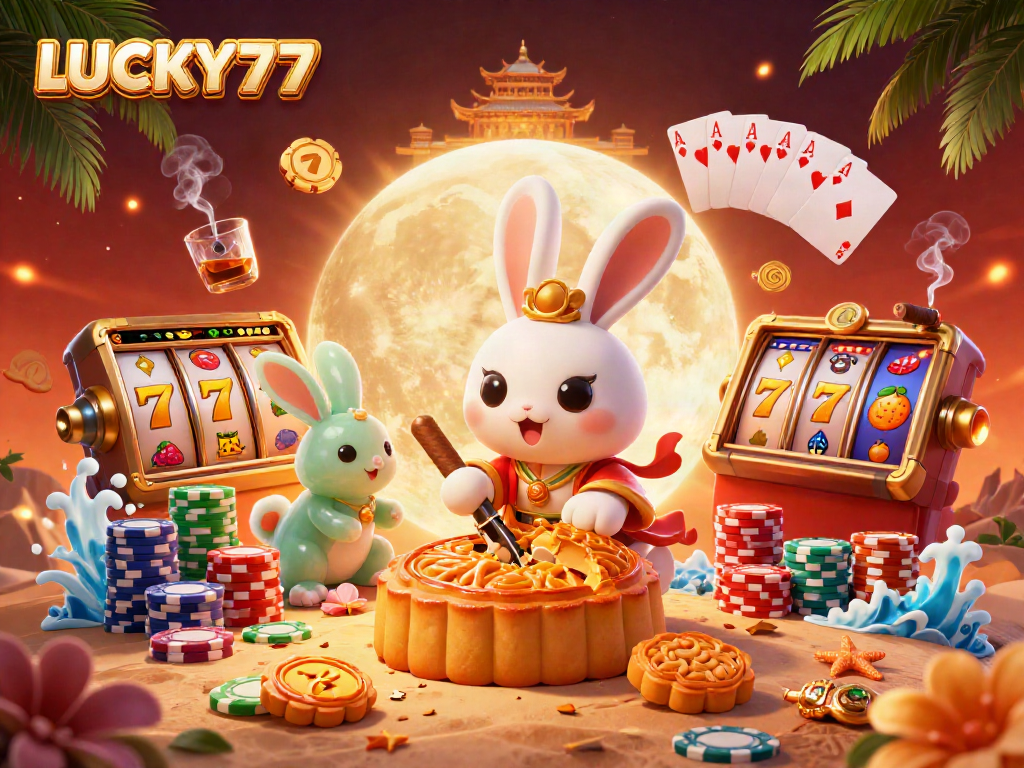 Experience the thrill of LUCKY77 with a vibrant 3D casino scene featuring lucky symbols and moon rabbits.