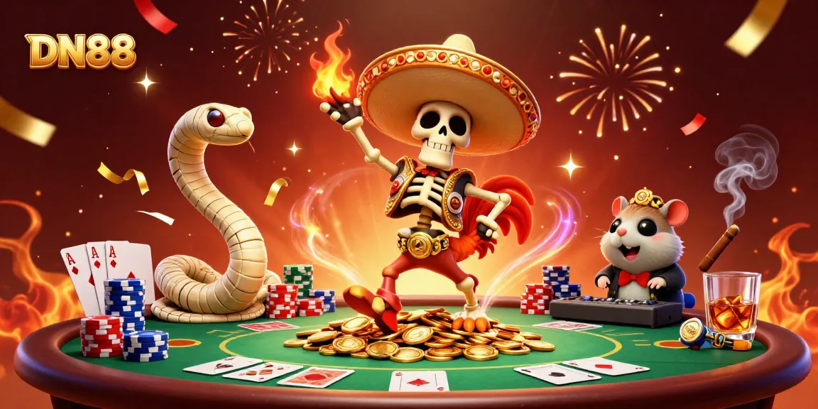 Experience the excitement of DN88 casino through this vibrant 3D illustration filled with action and gambling elements.