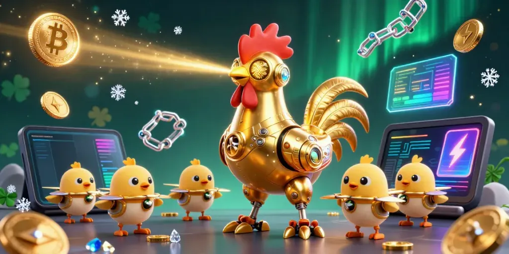Engage with lc88's dynamic gaming scene featuring a futuristic golden rooster robot and cryptocurrencies.