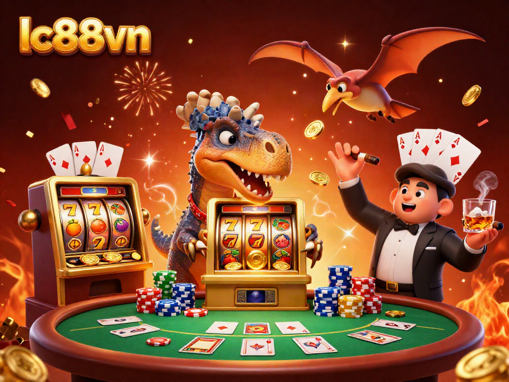 Experience thrilling slots with lc88vn as characters play in a vibrant casino scene.