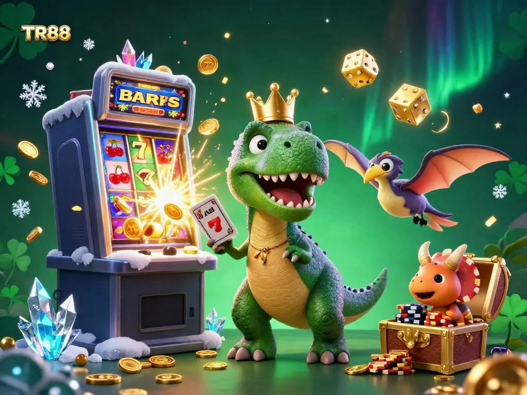 Experience casino excitement with TR88 as a T-Rex shuffles cards, alongside other colorful characters.