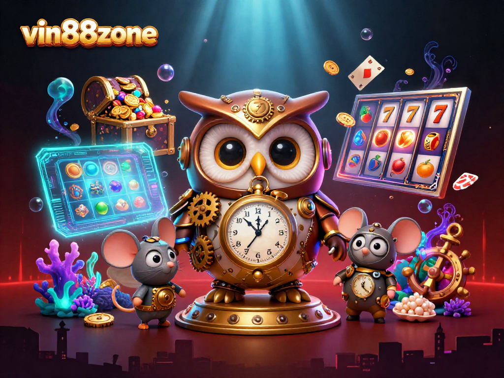Engage with vin88zone's vibrant casino adventure featuring a time-traveling owl amidst dynamic gambling elements.