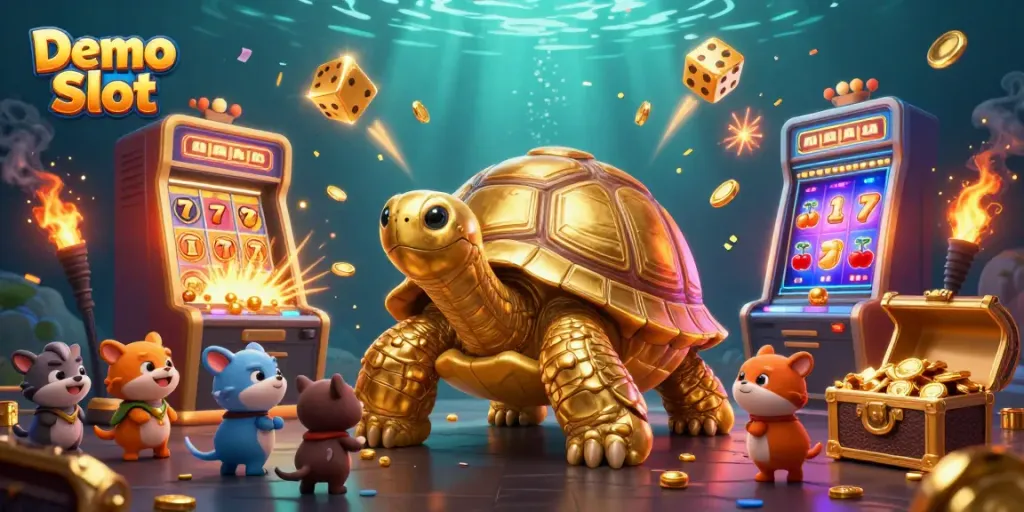 Spin the Demo Slot with excitement in this vibrant 3D casino scene full of fun elements!