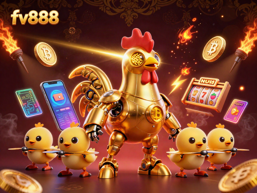 Engage with fv888 casino excitement featuring a golden rooster robot amidst dynamic crypto elements.