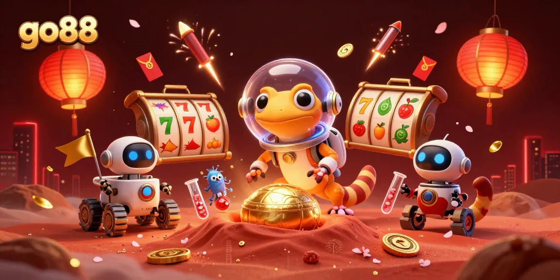 Experience go88's vibrant gaming scene with a Martian gecko exploring a golden casino on Mars.