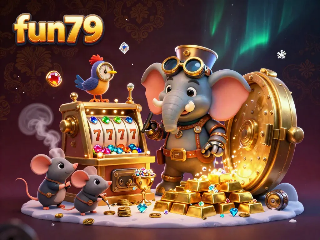 Experience fun79's excitement as a steampunk elephant engineer operates a golden slot machine amidst gems and gold.