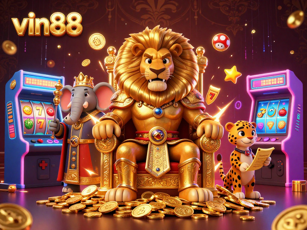 Experience thrilling jackpots and excitement with vin88's vibrant casino illustration featuring a lion king and gaming elements.
