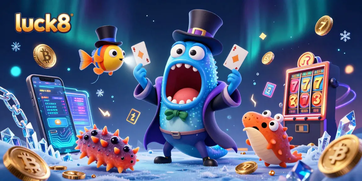 Engage luck8 players with a vibrant 3D casino-themed illustration featuring a deep-sea magician act.