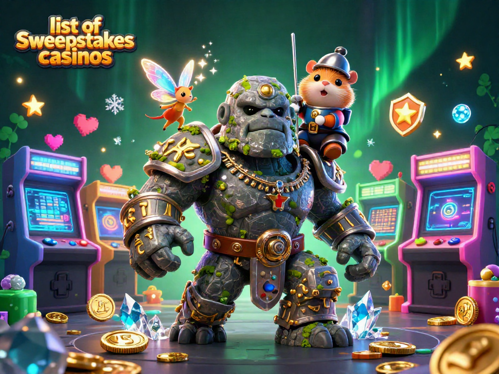 Engage with the list of sweepstakes casinos in this vibrant 3D gaming scene featuring exciting characters.