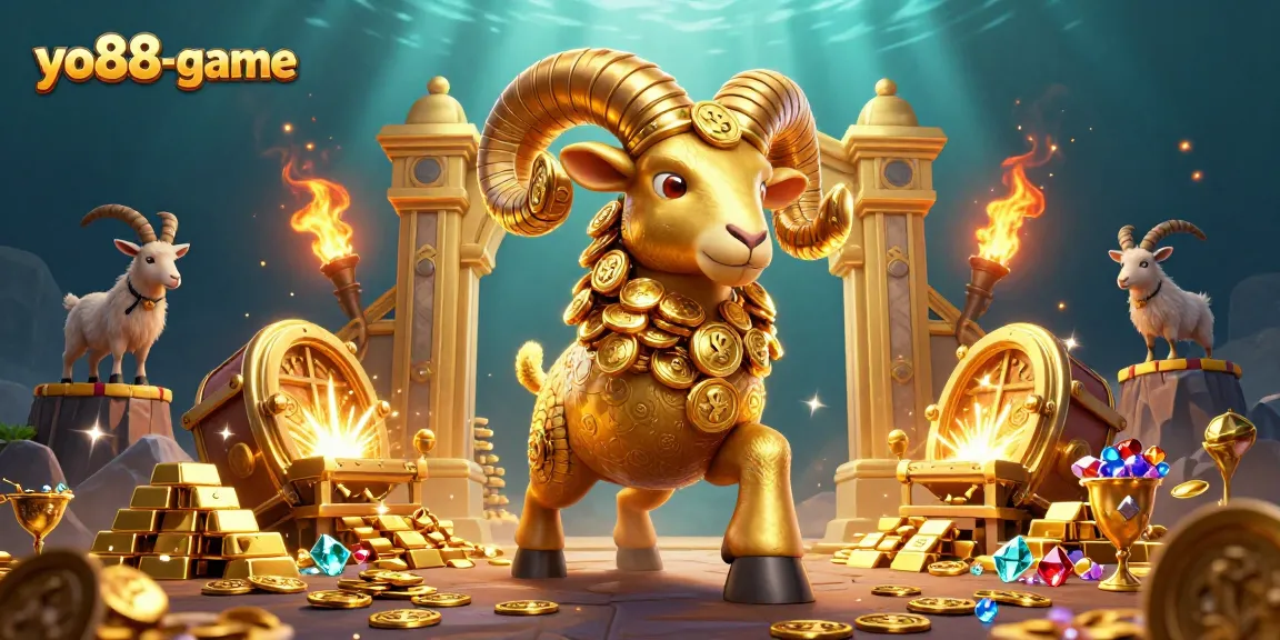 Experience the thrills of yo88-game with our vibrant 3D casino illustration, showcasing golden rams and treasures.