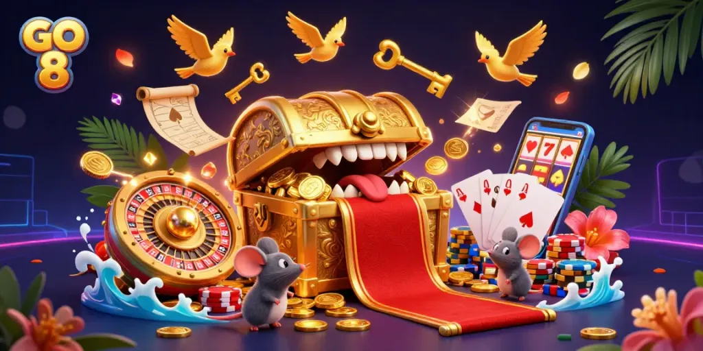 Experience GO 8 casino adventures with animated treasures and gambling excitement.