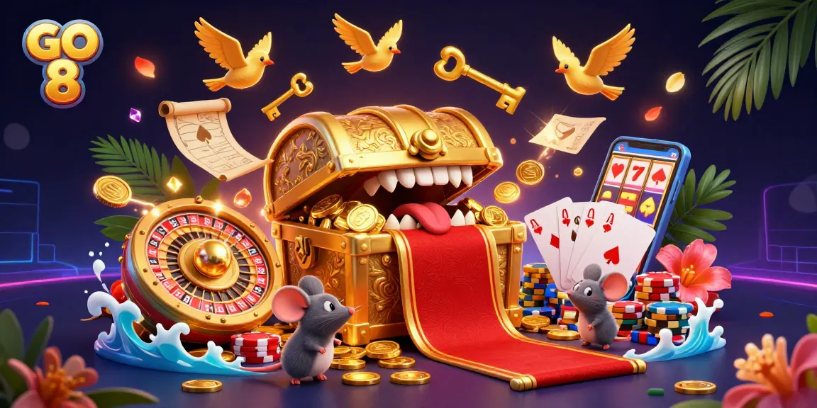 Experience GO 8 casino adventures with animated treasures and gambling excitement.