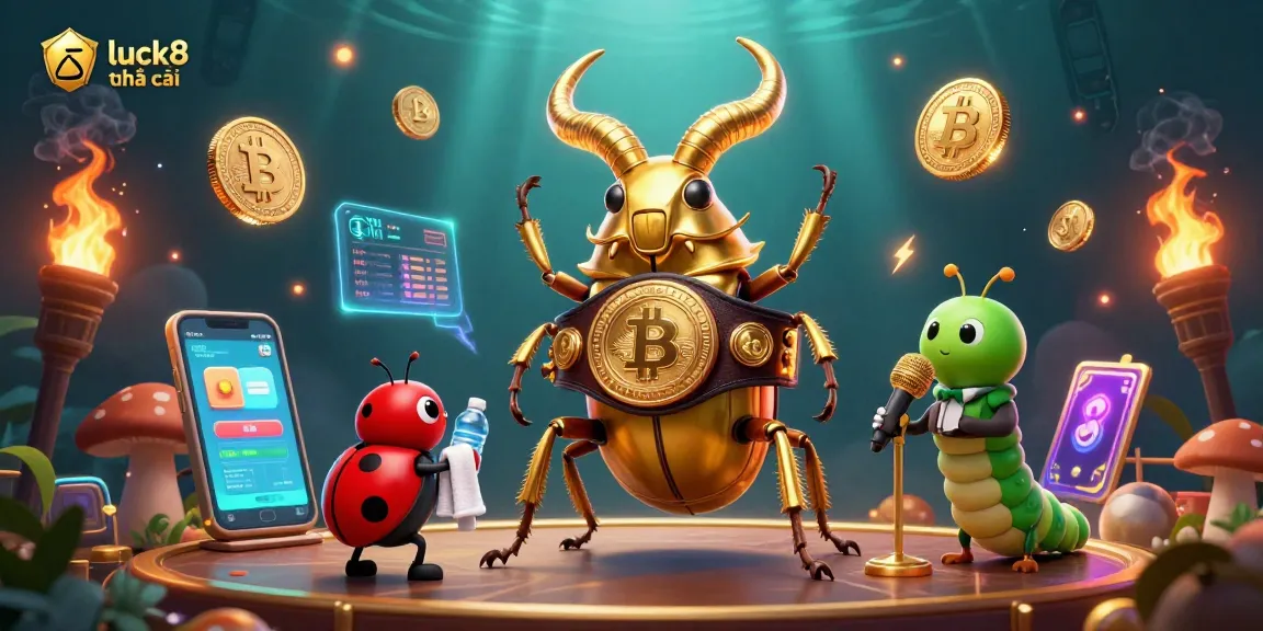 Engage with luck8 nhà cái in this vibrant 3D battle between a golden stag beetle and a ladybug corner-man.