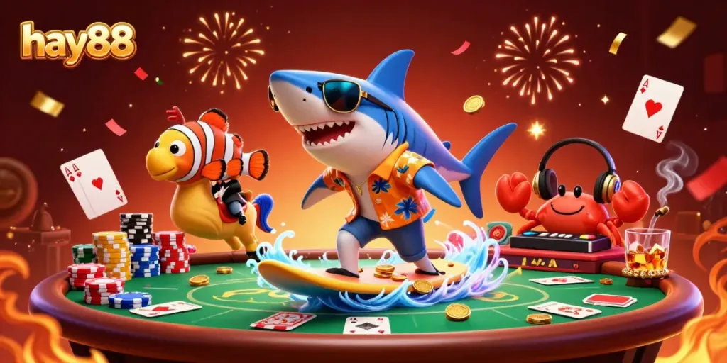 Engage in thrilling gameplay at hay88 with a vibrant 3D casino scene featuring colorful characters.