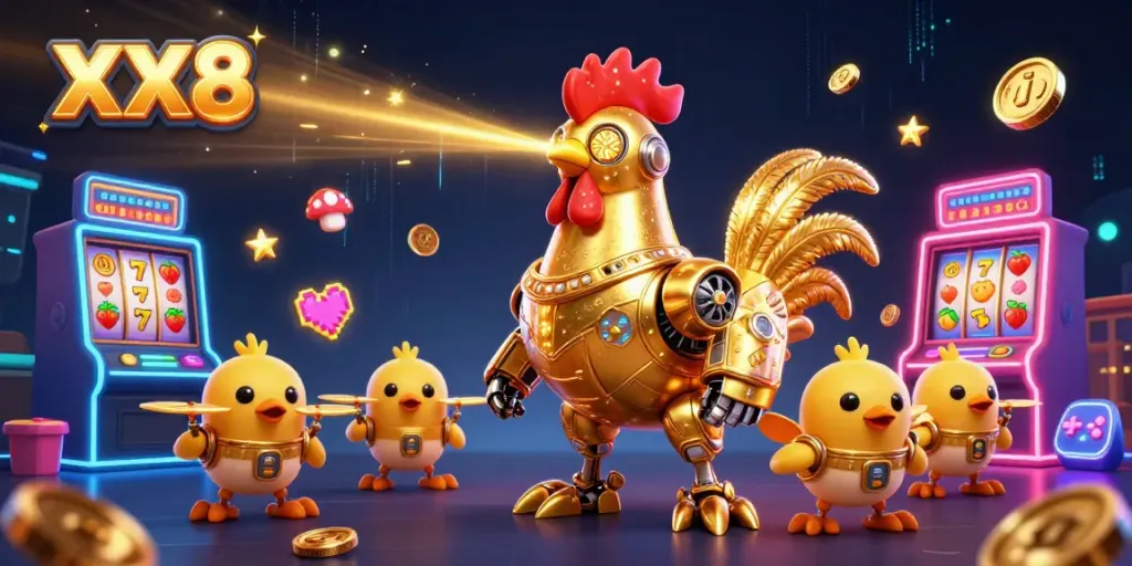 Experience thrilling slot action in the vibrant world of XX8 with a dynamic robot and drones.