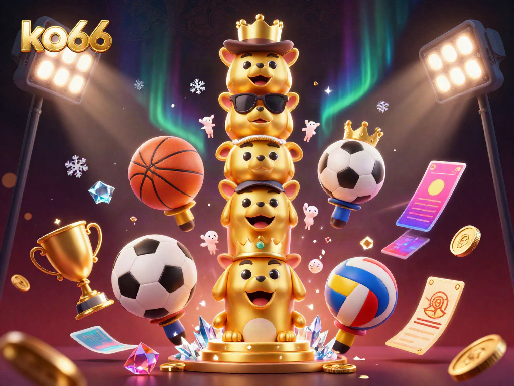 Engage with exciting casino games at ko66, exploring vibrant 3D illustrations of dynamic sports betting and casino themes.