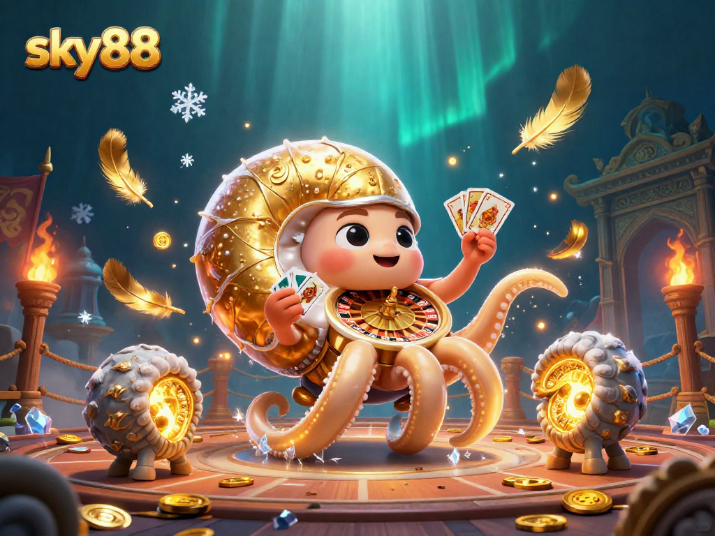 Engage with Sky88's thrilling gaming experience featuring a vibrant nautilus roulette wheel and golden symbols.