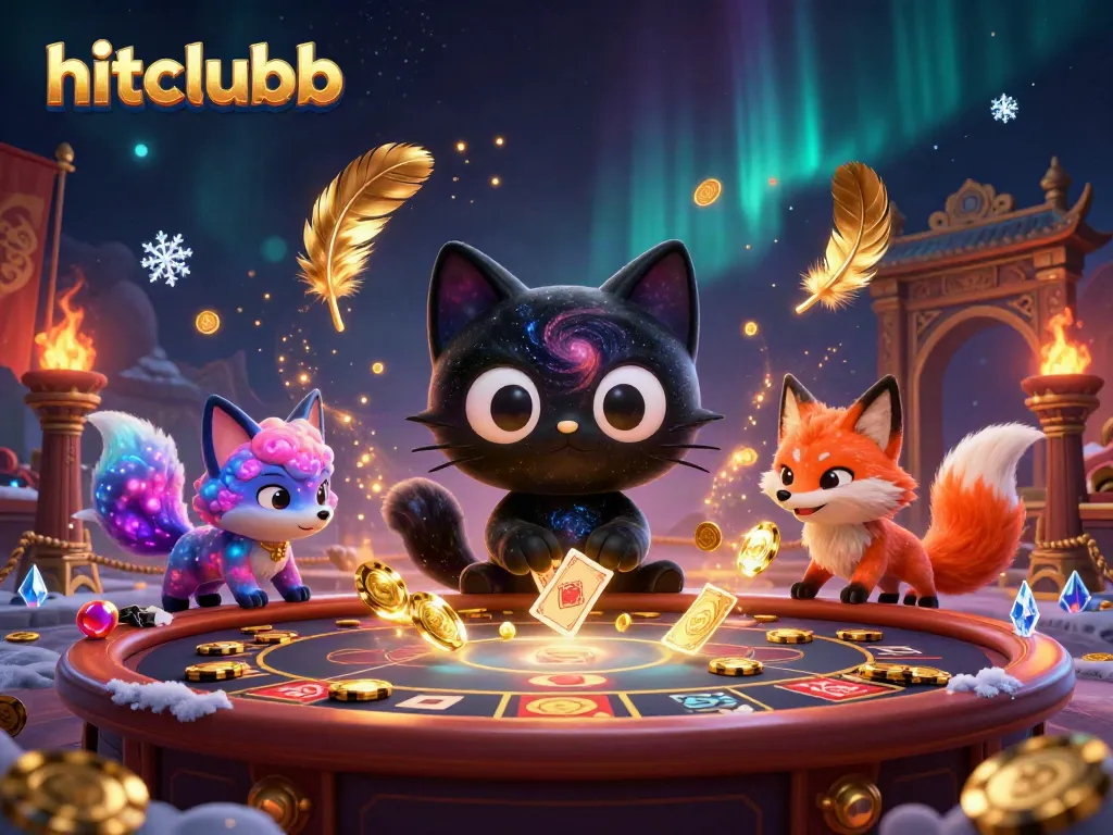 Experience the thrilling world of hitclubb as a cosmic cat attracts chips and cards in a dynamic casino.