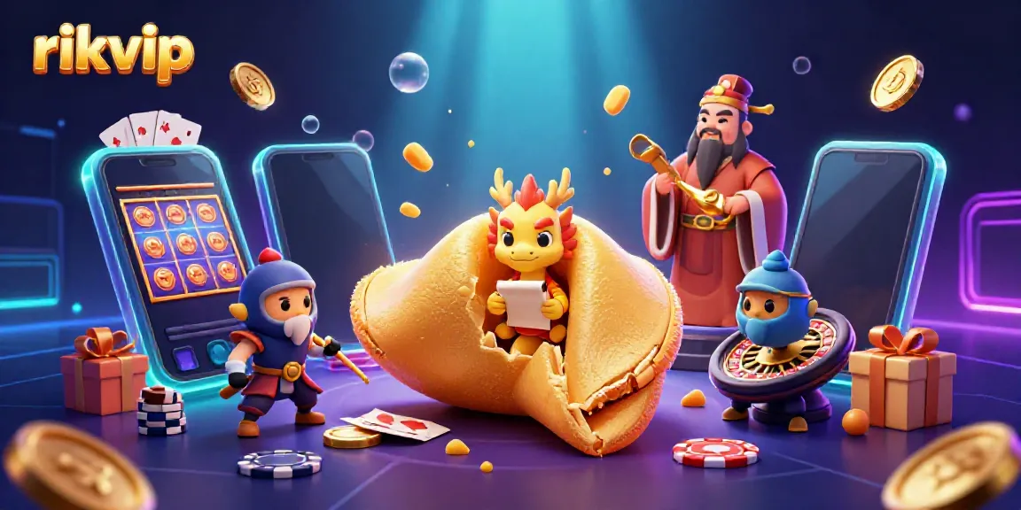 rikvip's dynamic casino scene with fortune cookie, dragons, and vibrant slot games showcasing thrilling action!