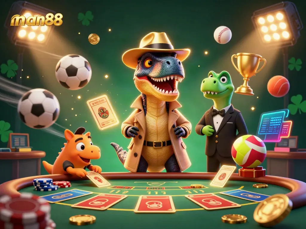 Join man88 gaming excitement where a velociraptor attempts to discreetly win at blackjack while a stegosaurus observes.