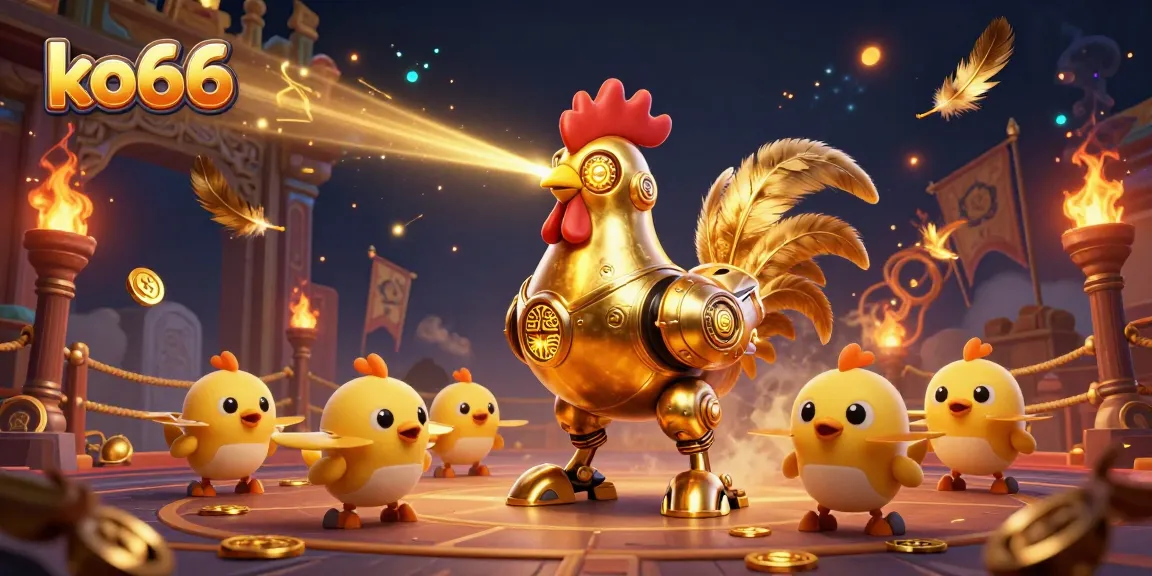 Experience the thrill of KO66 with a futuristic golden rooster robot and baby drones in a vibrant casino setting.