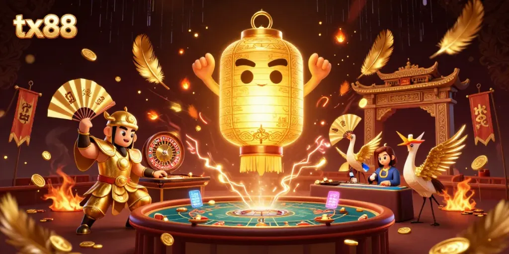 Engage with tx88's exciting live casino experience surrounded by vibrant spirits and golden treasures.