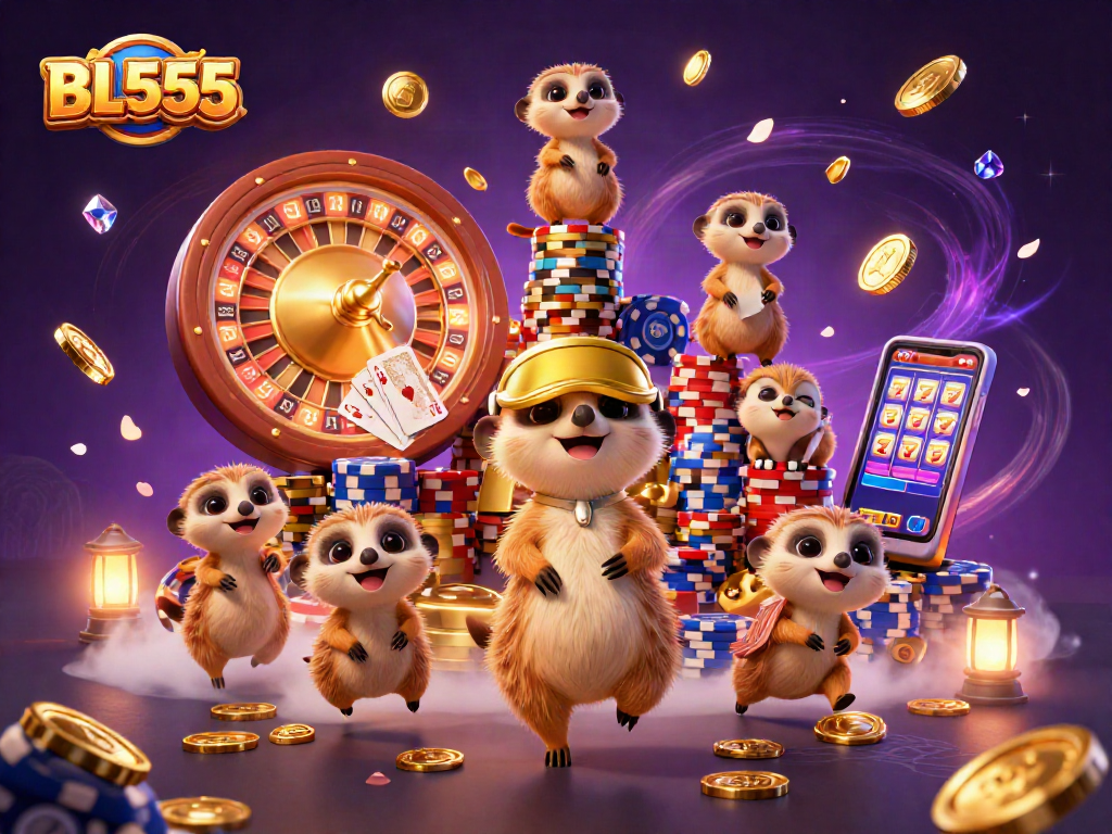 Engage with BL555, where meerkats run a vibrant casino with cascading coins and bright slot machine reels.