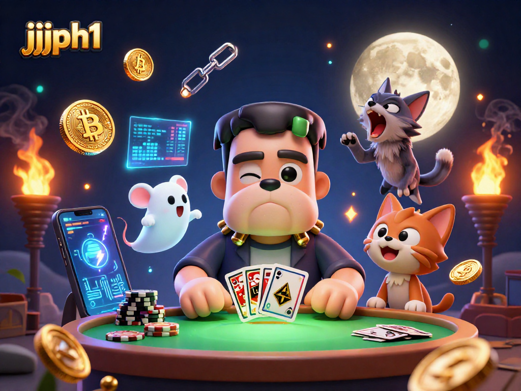 Magandang ilustrasyon ng jjjph1 sa mga karakter na naglalaro ng mga baraha sa isang nakakatakot na casino.
