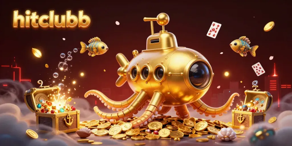 Experience thrilling wins at hitclubb as a golden kraken submarine emerges through coins, surrounded by treasures.