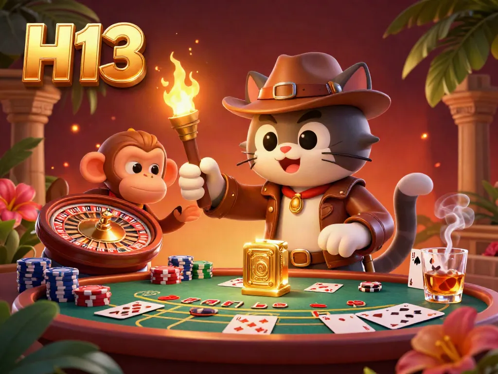 Engage with H13's thrilling live casino experience featuring an explorer cat and monkey in an archaeological scene.