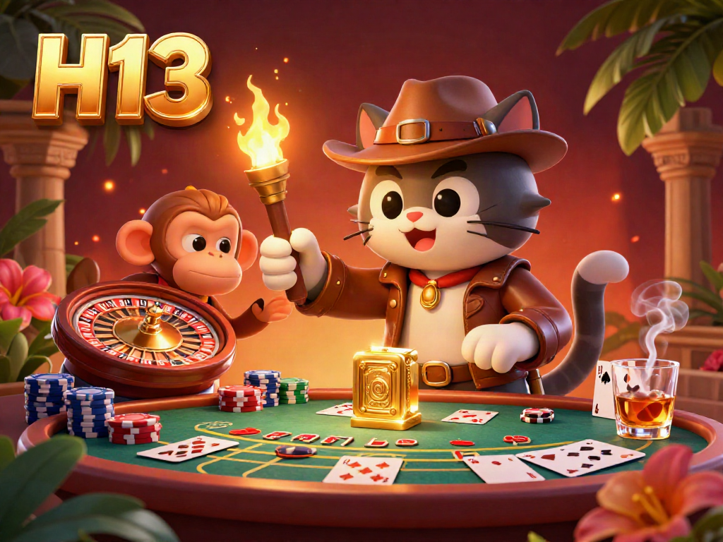 Engage with H13's thrilling live casino experience featuring an explorer cat and monkey in an archaeological scene.