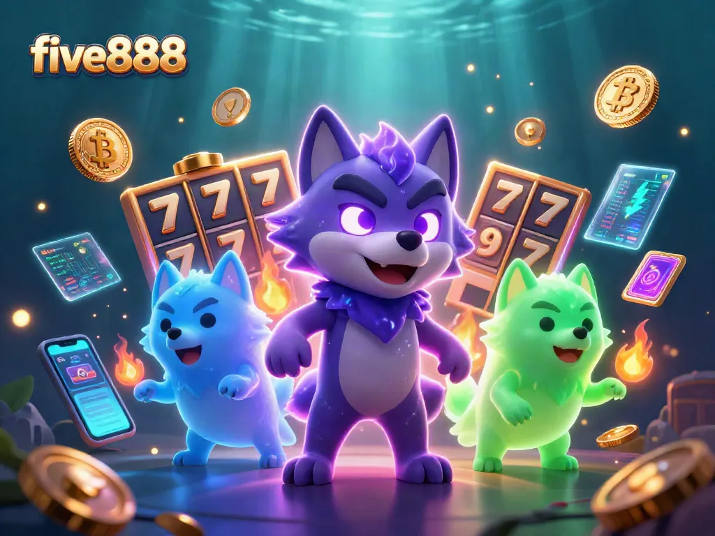 Experience the excitement of five888 with slot reels, ghostly wolves, and crypto elements.
