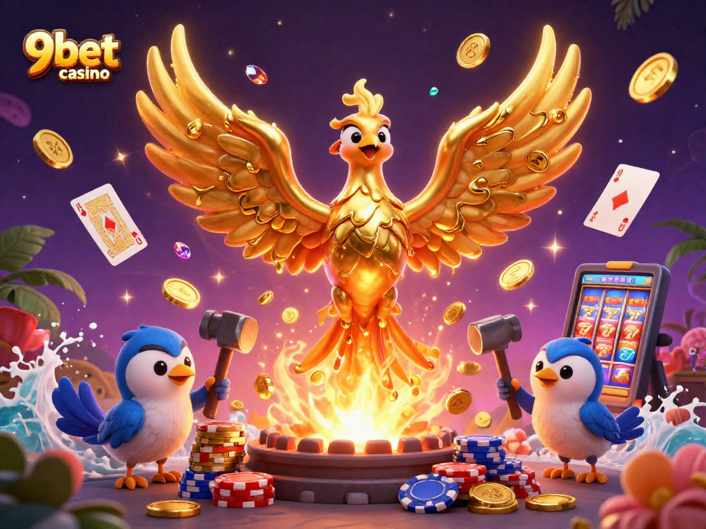 Experience thrilling gameplay at 9bet casino with vibrant casino elements and a dynamic golden phoenix.