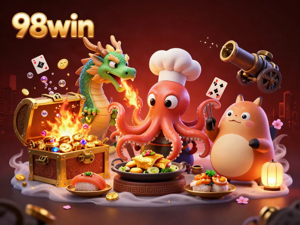 Engage in exhilarating casino fun with 98win through dynamic scenes of games and vibrant characters.