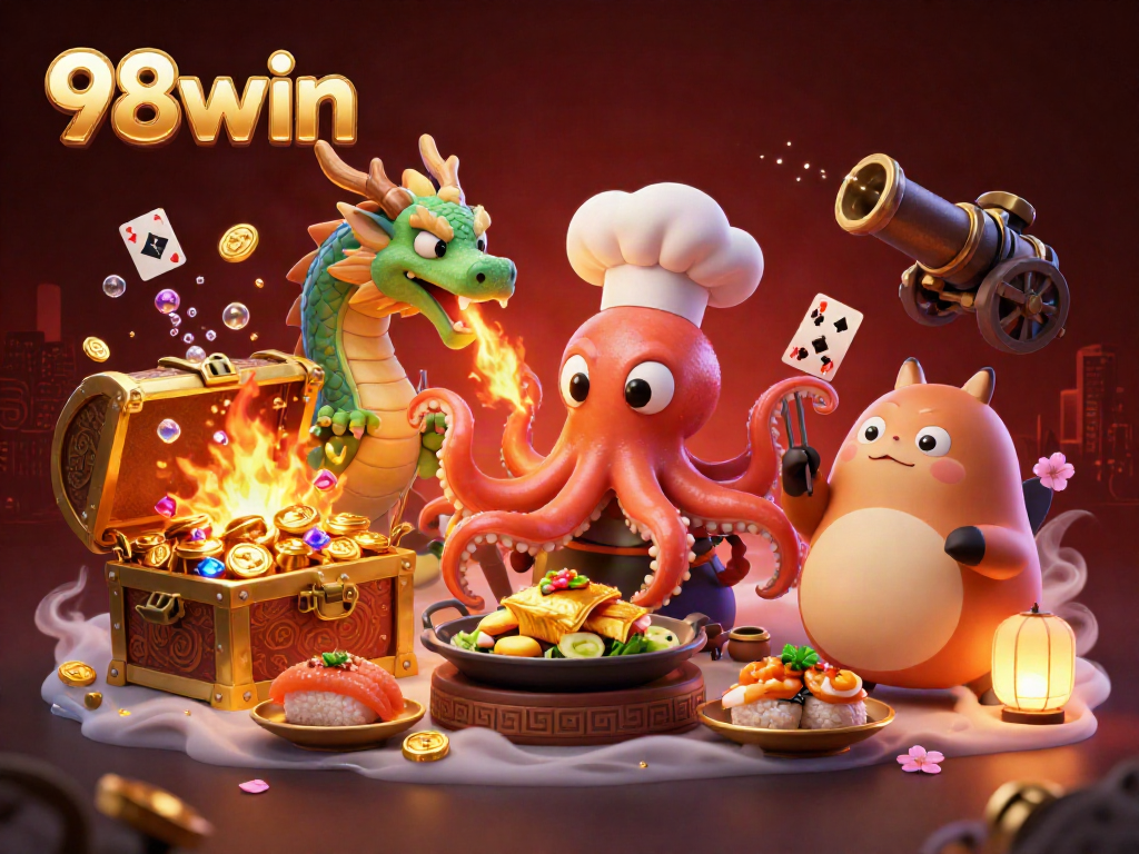 Engage in exhilarating casino fun with 98win through dynamic scenes of games and vibrant characters.